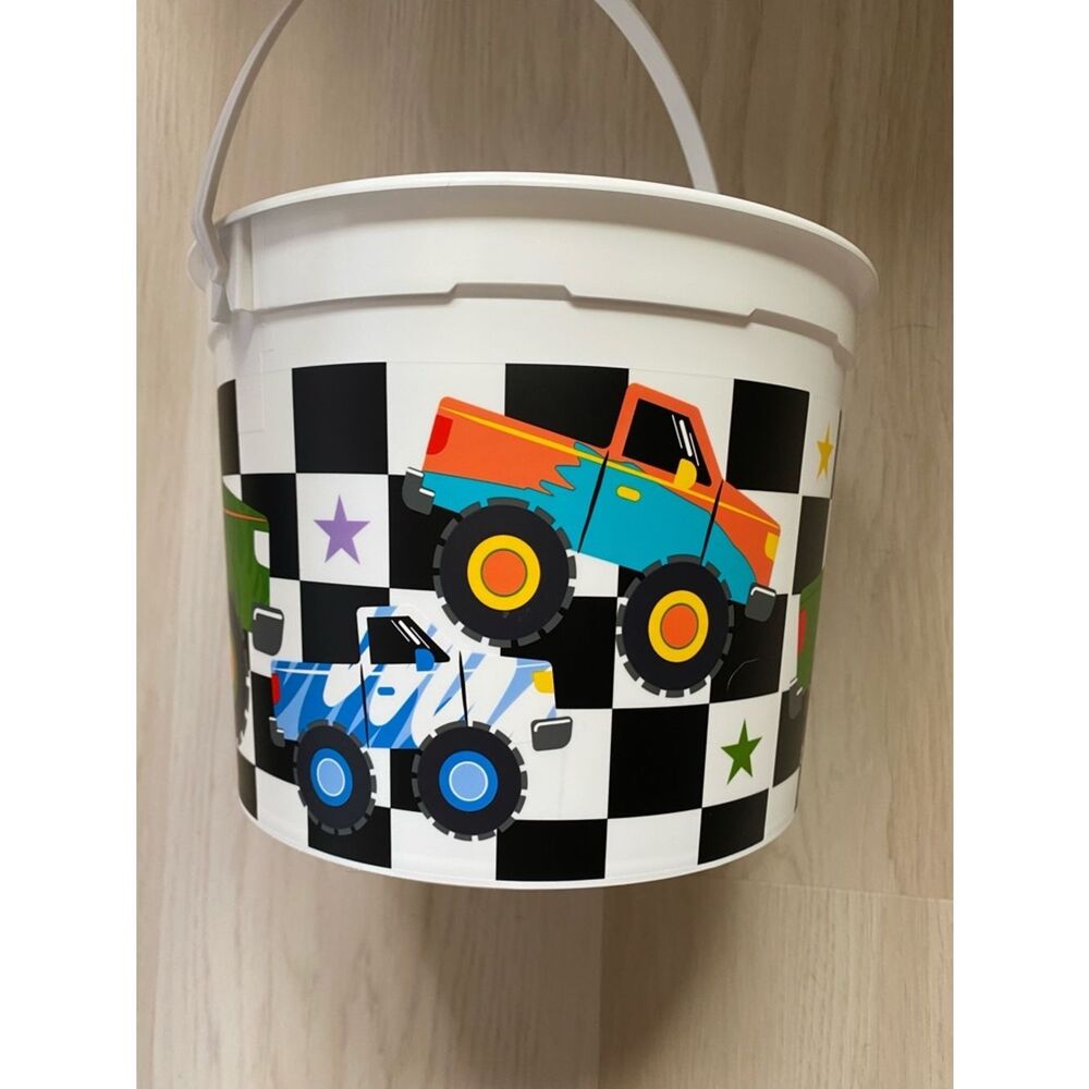 Celebrate It White Toy Bucket with Blue and Orange Monster Trucks